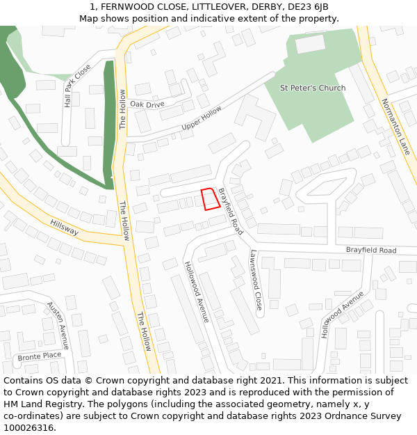 1, FERNWOOD CLOSE, LITTLEOVER, DERBY, DE23 6JB: Location map and indicative extent of plot