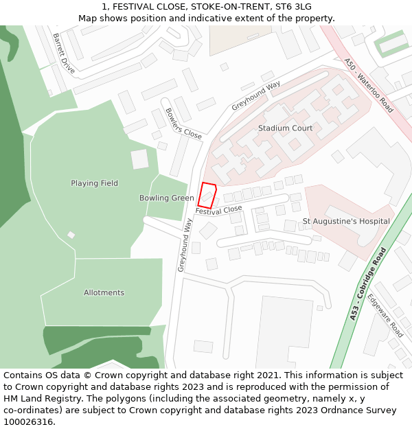 1, FESTIVAL CLOSE, STOKE-ON-TRENT, ST6 3LG: Location map and indicative extent of plot