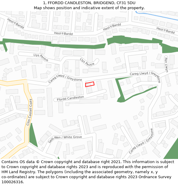 1, FFORDD CANDLESTON, BRIDGEND, CF31 5DU: Location map and indicative extent of plot