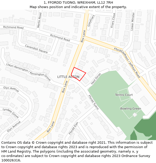 1, FFORDD TUDNO, WREXHAM, LL12 7RH: Location map and indicative extent of plot