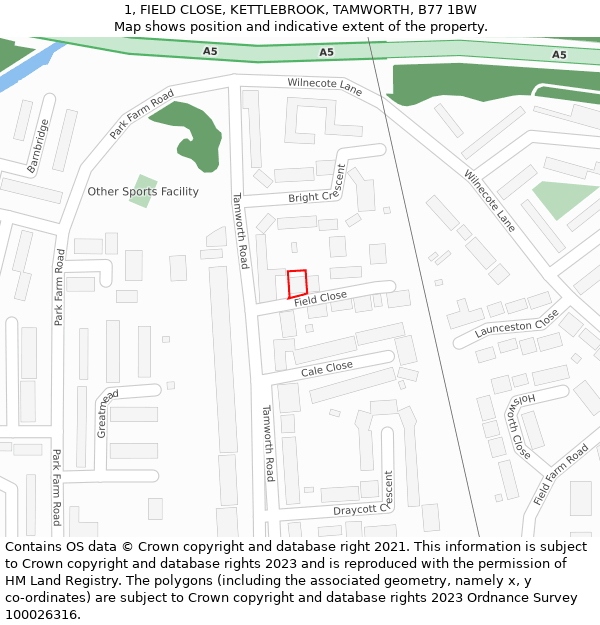 1, FIELD CLOSE, KETTLEBROOK, TAMWORTH, B77 1BW: Location map and indicative extent of plot