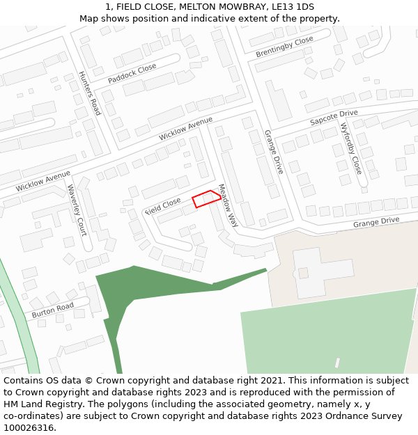 1, FIELD CLOSE, MELTON MOWBRAY, LE13 1DS: Location map and indicative extent of plot