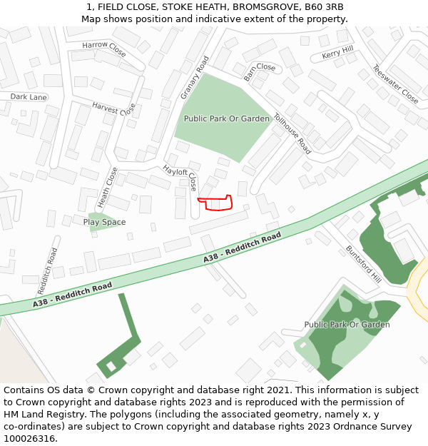 1, FIELD CLOSE, STOKE HEATH, BROMSGROVE, B60 3RB: Location map and indicative extent of plot