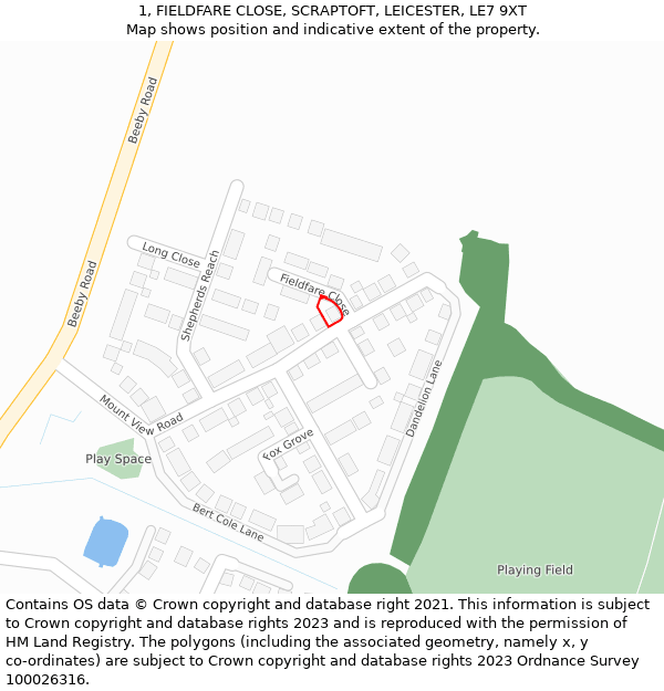 1, FIELDFARE CLOSE, SCRAPTOFT, LEICESTER, LE7 9XT: Location map and indicative extent of plot