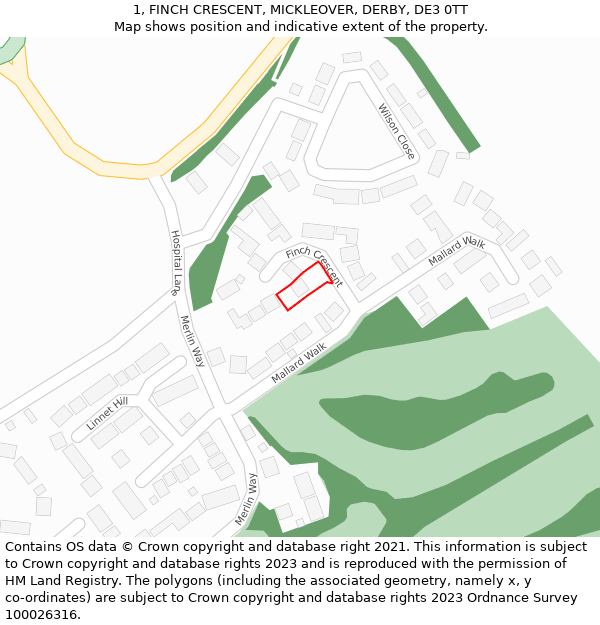 1, FINCH CRESCENT, MICKLEOVER, DERBY, DE3 0TT: Location map and indicative extent of plot
