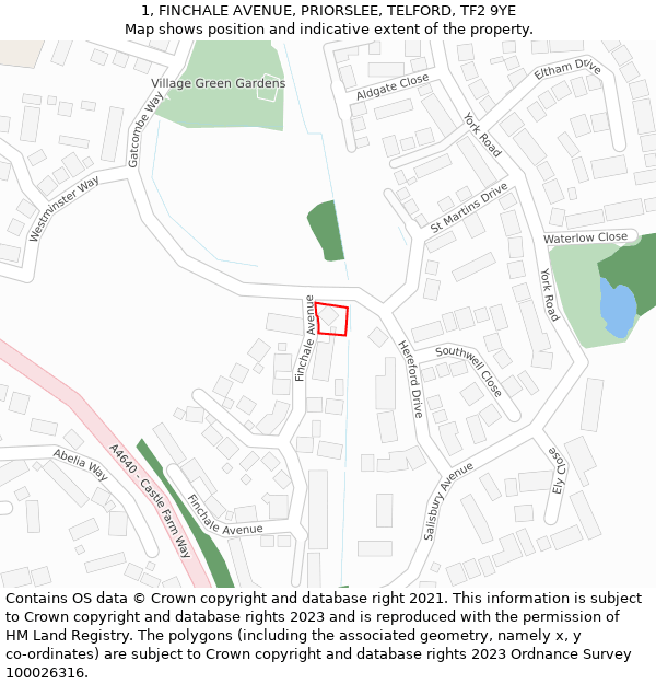 1, FINCHALE AVENUE, PRIORSLEE, TELFORD, TF2 9YE: Location map and indicative extent of plot