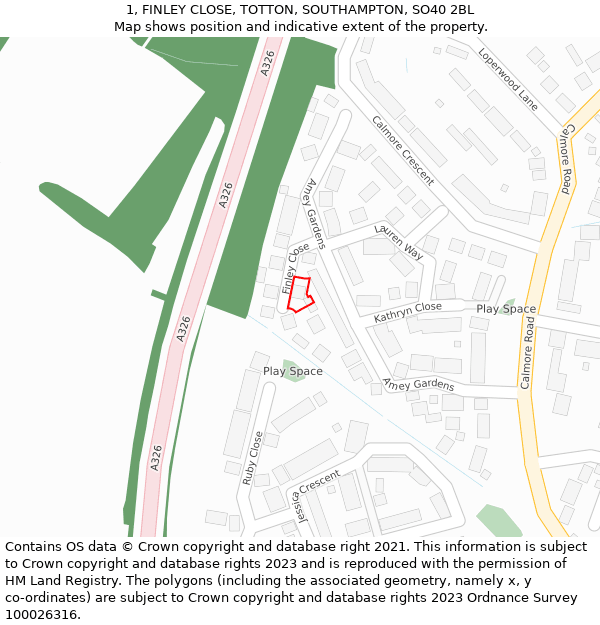 1, FINLEY CLOSE, TOTTON, SOUTHAMPTON, SO40 2BL: Location map and indicative extent of plot