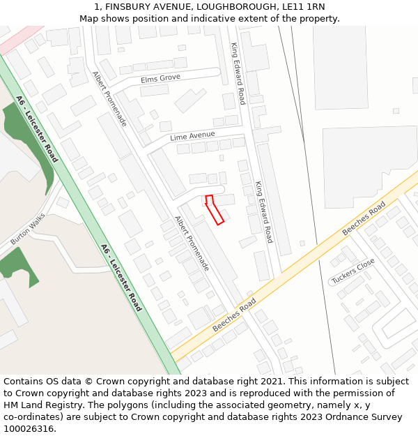 1, FINSBURY AVENUE, LOUGHBOROUGH, LE11 1RN: Location map and indicative extent of plot