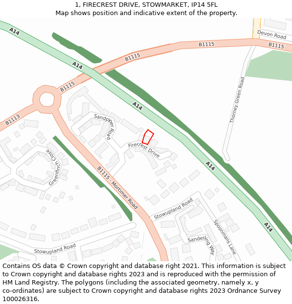 1, FIRECREST DRIVE, STOWMARKET, IP14 5FL: Location map and indicative extent of plot