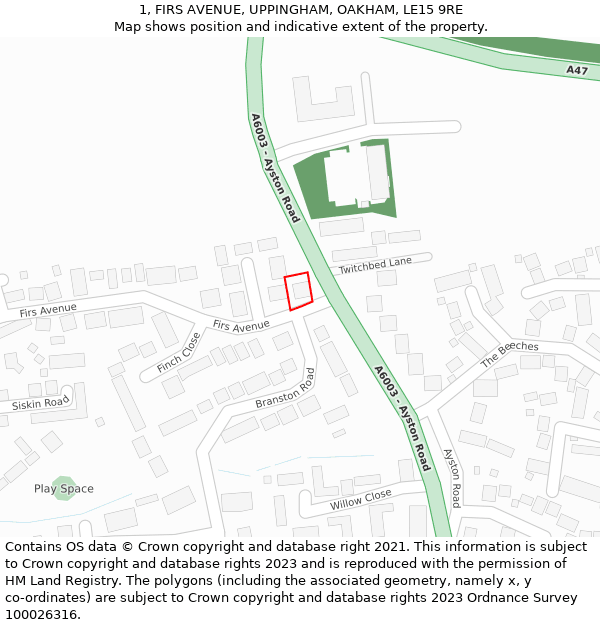 1, FIRS AVENUE, UPPINGHAM, OAKHAM, LE15 9RE: Location map and indicative extent of plot