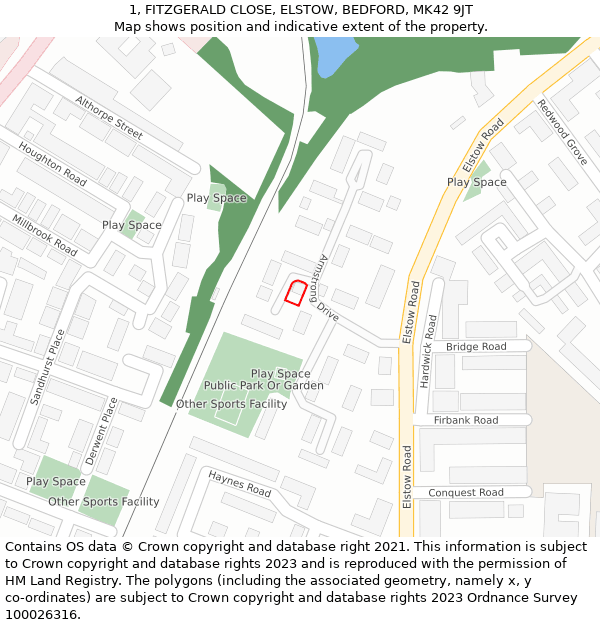 1, FITZGERALD CLOSE, ELSTOW, BEDFORD, MK42 9JT: Location map and indicative extent of plot