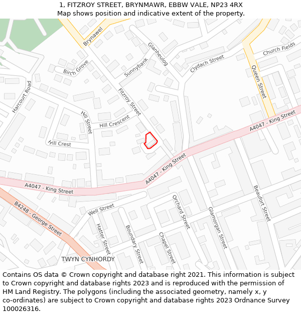 1, FITZROY STREET, BRYNMAWR, EBBW VALE, NP23 4RX: Location map and indicative extent of plot