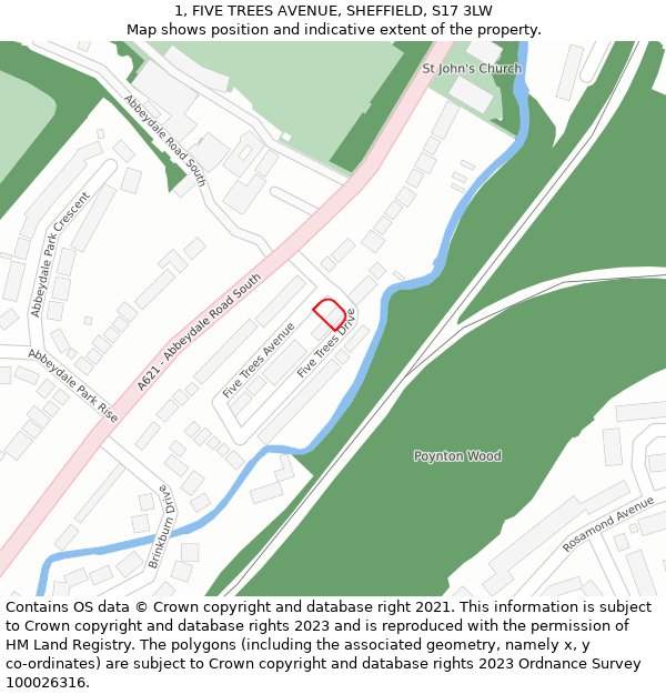 1, FIVE TREES AVENUE, SHEFFIELD, S17 3LW: Location map and indicative extent of plot