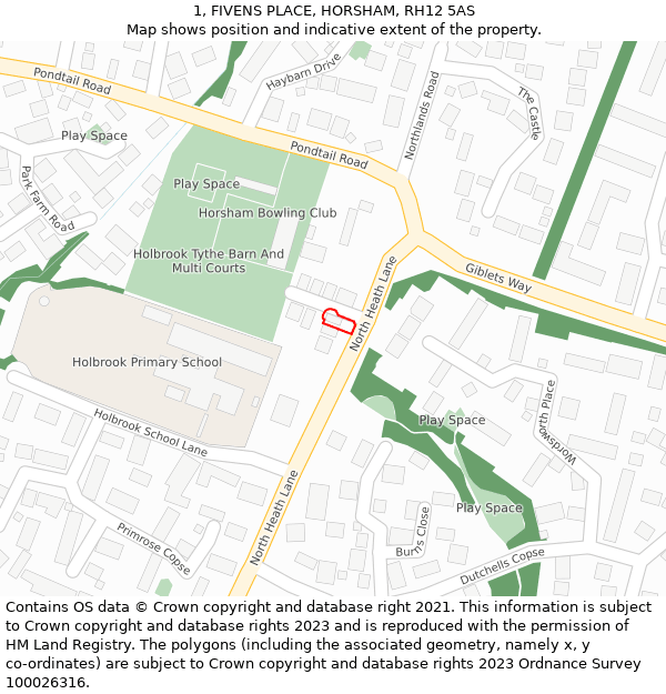 1, FIVENS PLACE, HORSHAM, RH12 5AS: Location map and indicative extent of plot