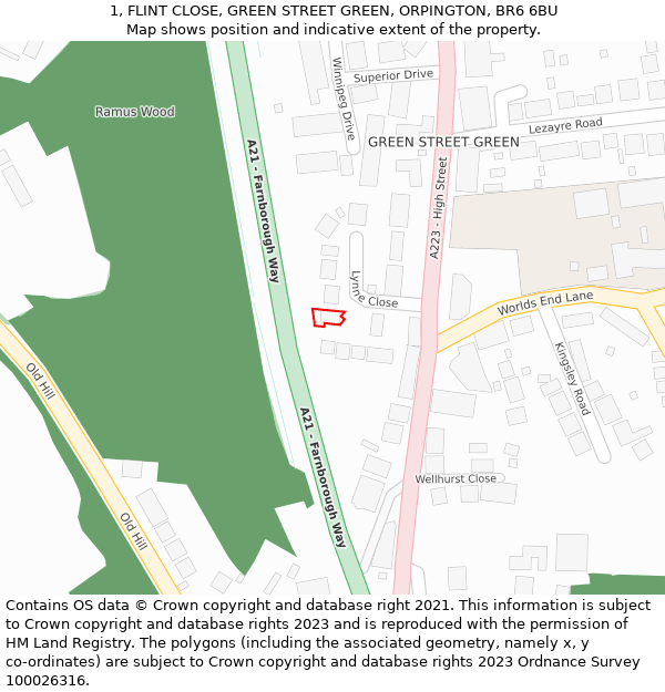 1, FLINT CLOSE, GREEN STREET GREEN, ORPINGTON, BR6 6BU: Location map and indicative extent of plot