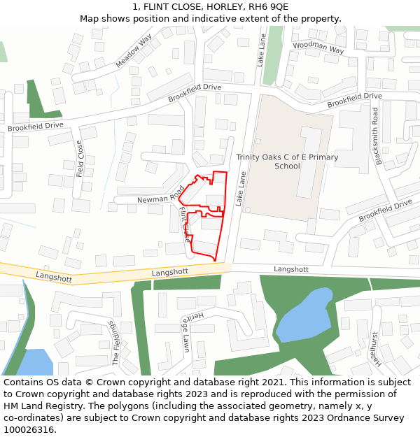 1, FLINT CLOSE, HORLEY, RH6 9QE: Location map and indicative extent of plot