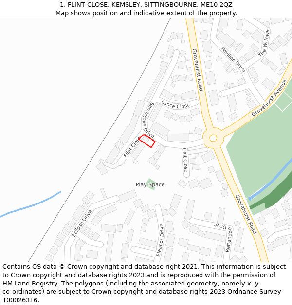 1, FLINT CLOSE, KEMSLEY, SITTINGBOURNE, ME10 2QZ: Location map and indicative extent of plot