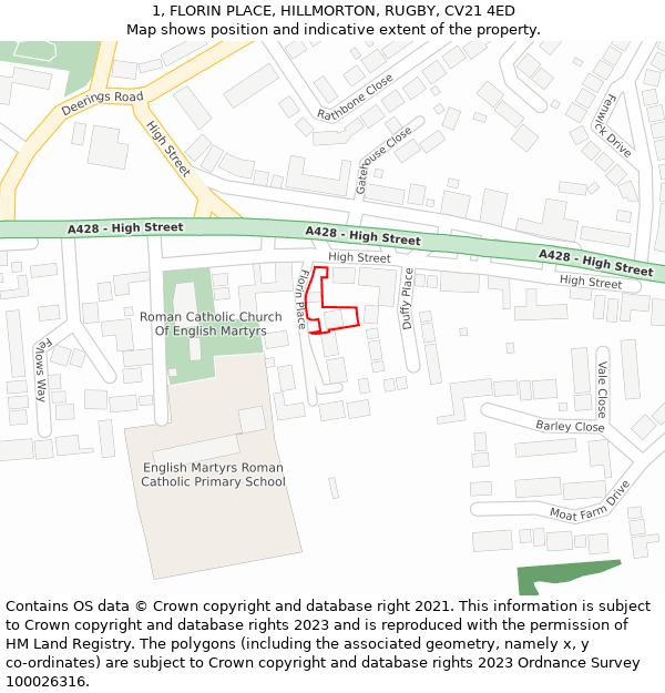 1, FLORIN PLACE, HILLMORTON, RUGBY, CV21 4ED: Location map and indicative extent of plot