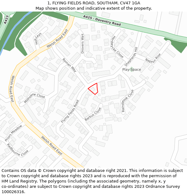 1, FLYING FIELDS ROAD, SOUTHAM, CV47 1GA: Location map and indicative extent of plot