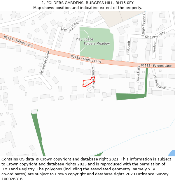 1, FOLDERS GARDENS, BURGESS HILL, RH15 0FY: Location map and indicative extent of plot