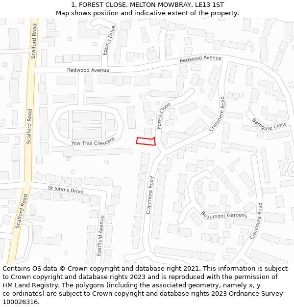 1, FOREST CLOSE, MELTON MOWBRAY, LE13 1ST: Location map and indicative extent of plot