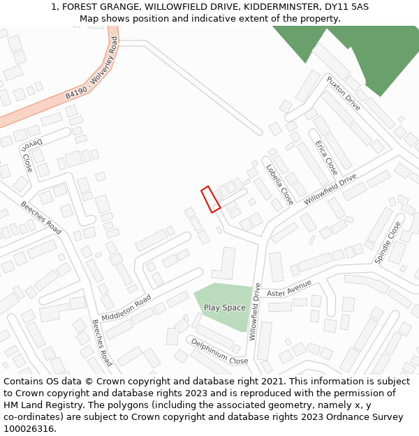 1, FOREST GRANGE, WILLOWFIELD DRIVE, KIDDERMINSTER, DY11 5AS: Location map and indicative extent of plot