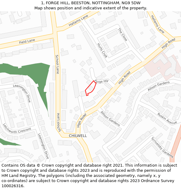 1, FORGE HILL, BEESTON, NOTTINGHAM, NG9 5DW: Location map and indicative extent of plot