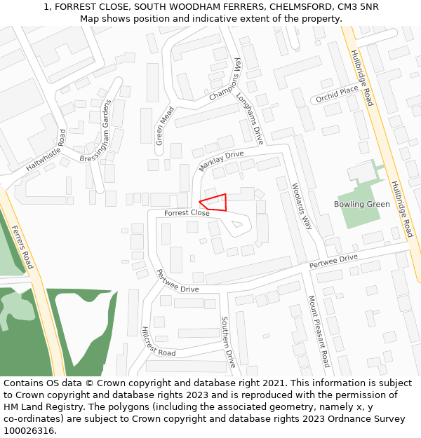 1, FORREST CLOSE, SOUTH WOODHAM FERRERS, CHELMSFORD, CM3 5NR: Location map and indicative extent of plot