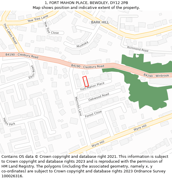 1, FORT MAHON PLACE, BEWDLEY, DY12 2PB: Location map and indicative extent of plot