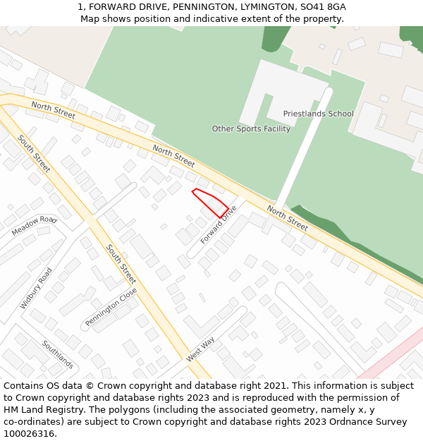 1, FORWARD DRIVE, PENNINGTON, LYMINGTON, SO41 8GA: Location map and indicative extent of plot