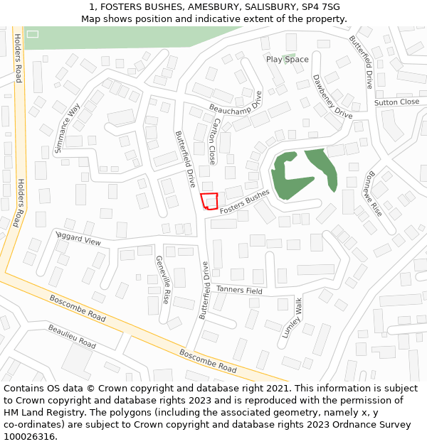 1, FOSTERS BUSHES, AMESBURY, SALISBURY, SP4 7SG: Location map and indicative extent of plot