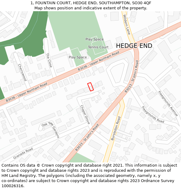 1, FOUNTAIN COURT, HEDGE END, SOUTHAMPTON, SO30 4QF: Location map and indicative extent of plot