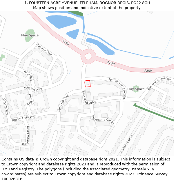 1, FOURTEEN ACRE AVENUE, FELPHAM, BOGNOR REGIS, PO22 8GH: Location map and indicative extent of plot