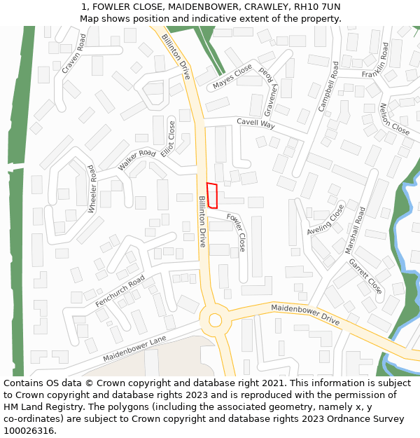 1, FOWLER CLOSE, MAIDENBOWER, CRAWLEY, RH10 7UN: Location map and indicative extent of plot