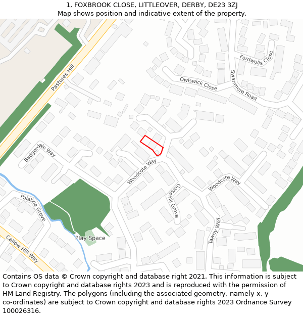 1, FOXBROOK CLOSE, LITTLEOVER, DERBY, DE23 3ZJ: Location map and indicative extent of plot