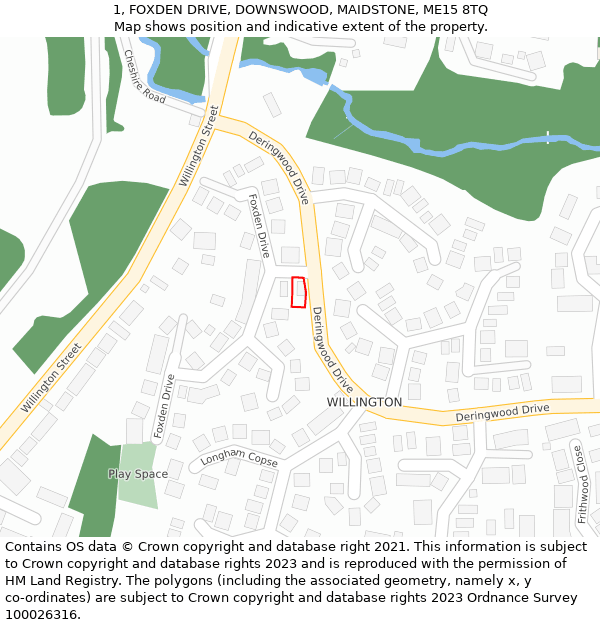 1, FOXDEN DRIVE, DOWNSWOOD, MAIDSTONE, ME15 8TQ: Location map and indicative extent of plot