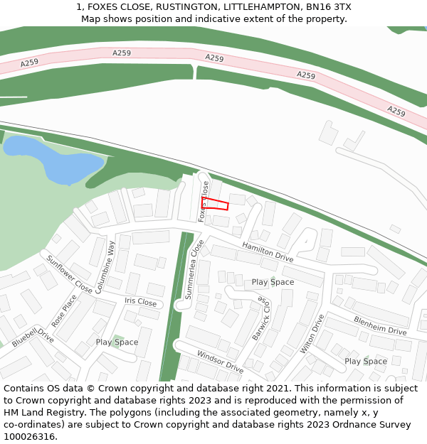 1, FOXES CLOSE, RUSTINGTON, LITTLEHAMPTON, BN16 3TX: Location map and indicative extent of plot