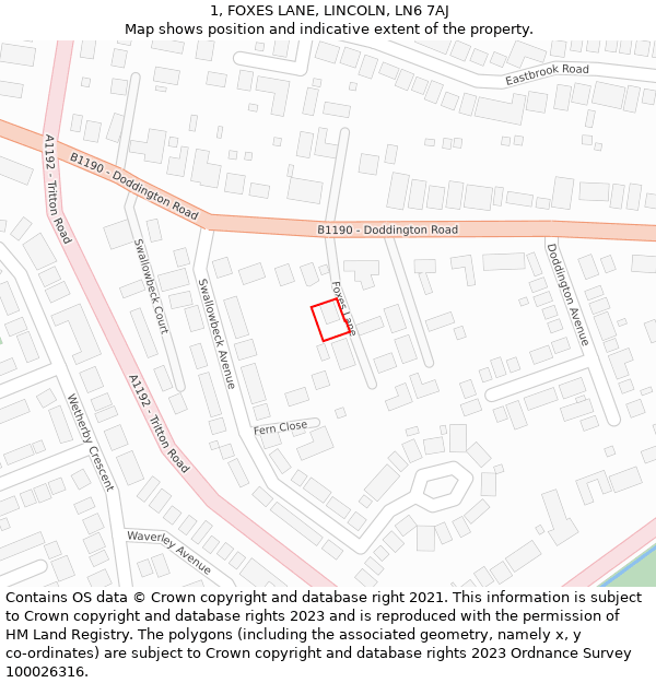 1, FOXES LANE, LINCOLN, LN6 7AJ: Location map and indicative extent of plot