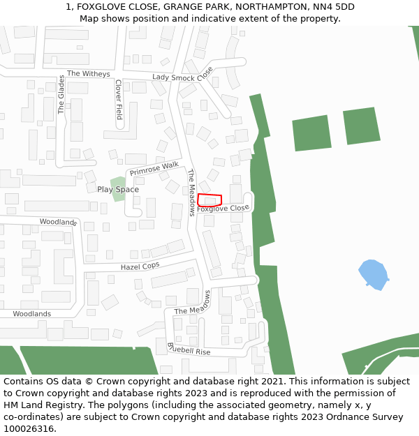 1, FOXGLOVE CLOSE, GRANGE PARK, NORTHAMPTON, NN4 5DD: Location map and indicative extent of plot