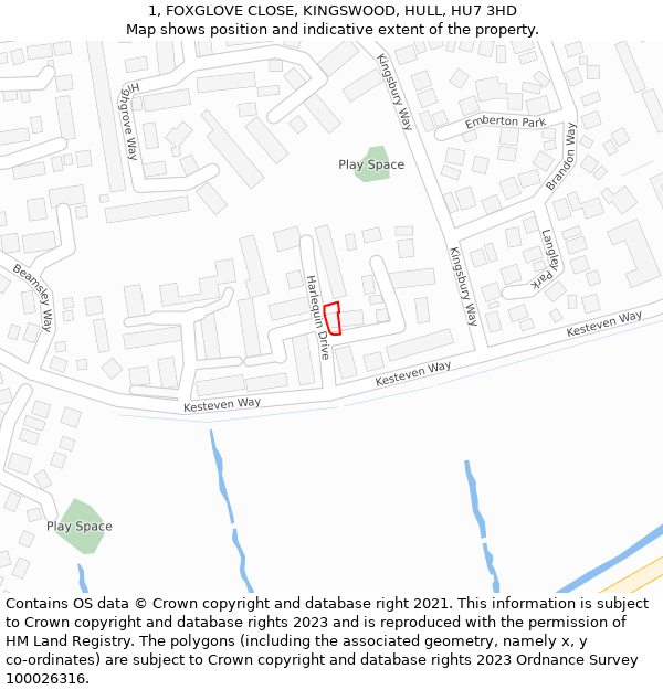 1, FOXGLOVE CLOSE, KINGSWOOD, HULL, HU7 3HD: Location map and indicative extent of plot