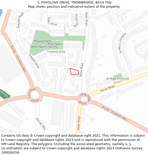 1, FOXGLOVE DRIVE, TROWBRIDGE, BA14 7SQ: Location map and indicative extent of plot