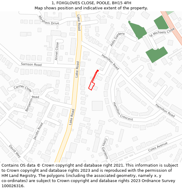 1, FOXGLOVES CLOSE, POOLE, BH15 4FH: Location map and indicative extent of plot