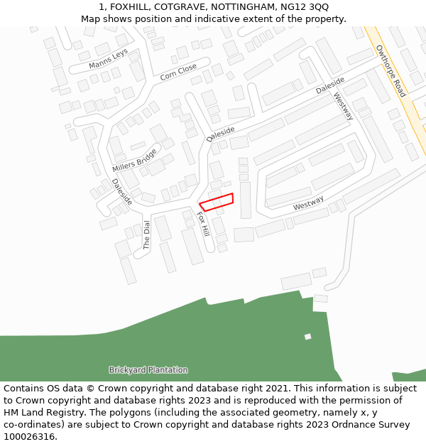 1, FOXHILL, COTGRAVE, NOTTINGHAM, NG12 3QQ: Location map and indicative extent of plot