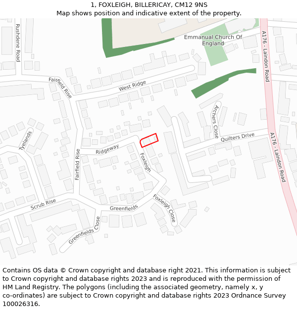 1, FOXLEIGH, BILLERICAY, CM12 9NS: Location map and indicative extent of plot