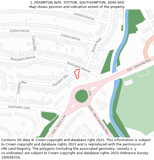 1, FRAMPTON WAY, TOTTON, SOUTHAMPTON, SO40 9AD: Location map and indicative extent of plot