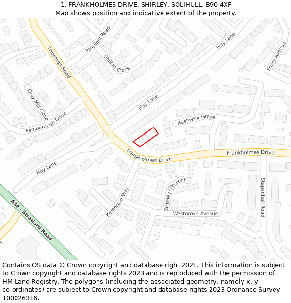 1, FRANKHOLMES DRIVE, SHIRLEY, SOLIHULL, B90 4XF: Location map and indicative extent of plot