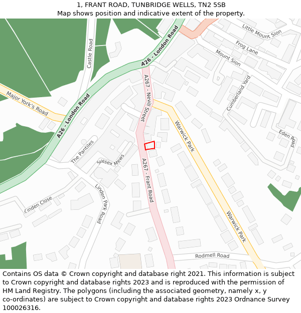 1, FRANT ROAD, TUNBRIDGE WELLS, TN2 5SB: Location map and indicative extent of plot