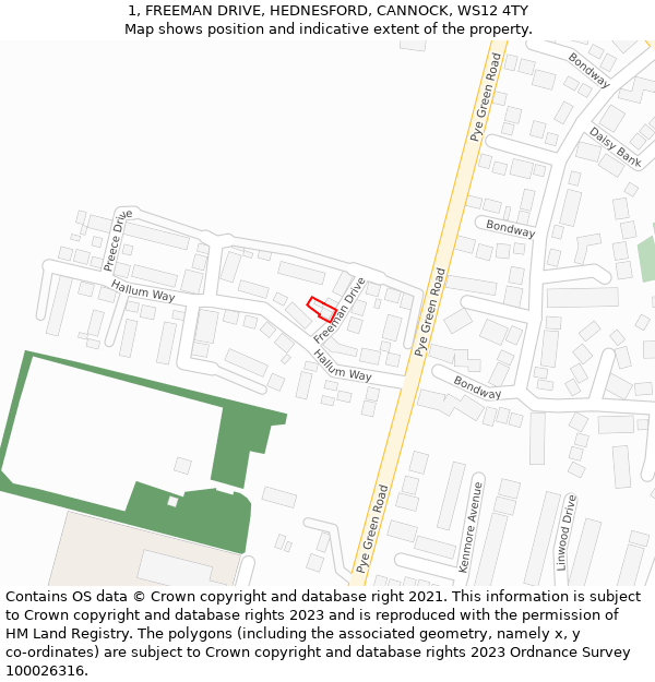 1, FREEMAN DRIVE, HEDNESFORD, CANNOCK, WS12 4TY: Location map and indicative extent of plot