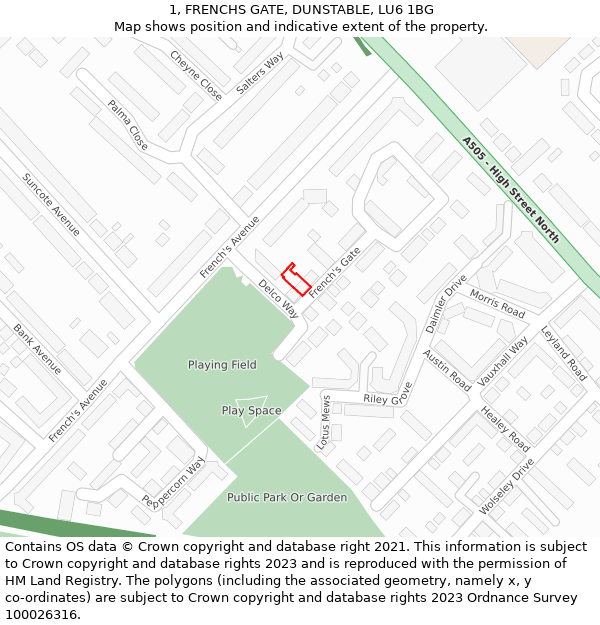 1, FRENCHS GATE, DUNSTABLE, LU6 1BG: Location map and indicative extent of plot