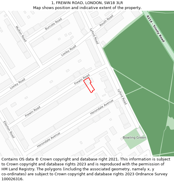 1, FREWIN ROAD, LONDON, SW18 3LR: Location map and indicative extent of plot